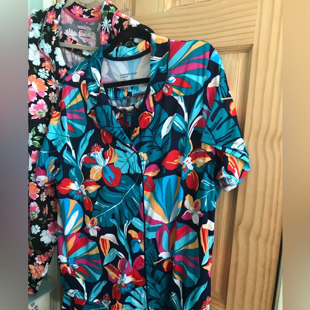 Cuddl Duds Floral Tropical Short Sleeve Pajama Top - Teal, Red, Yellow, Pink